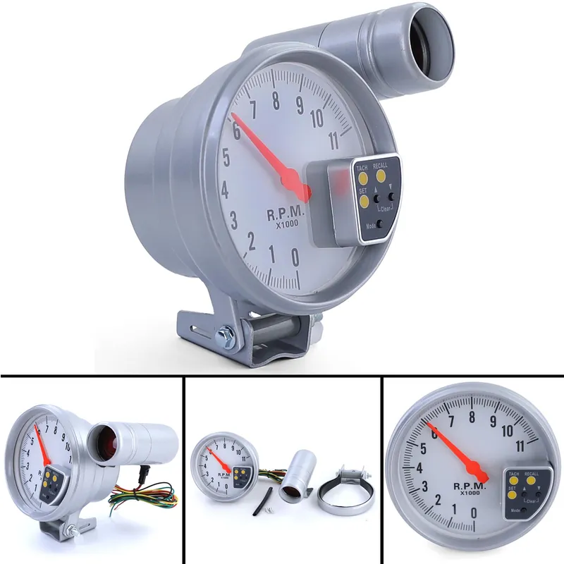 Tachometru de performanță de 5 inch, argintiu mat, cu lumină de schimbare și suport Retur ușor