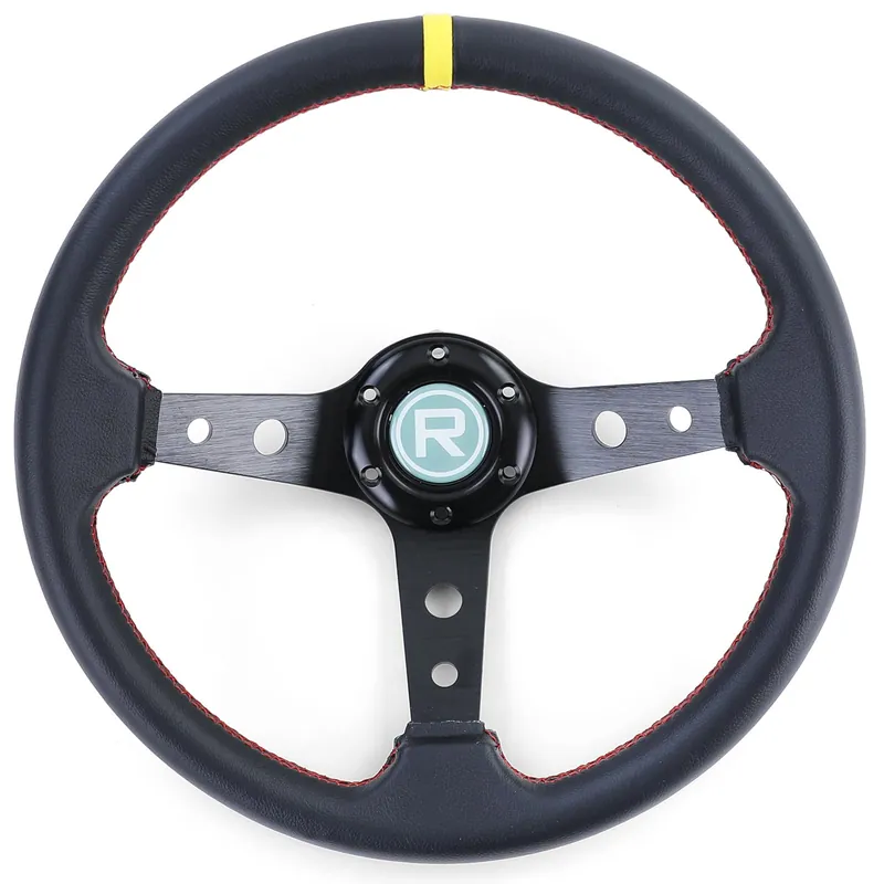 Volan sport cu forma de farfurie, din piele neagră, cu marcaj galben la 12 ore, Ø 350 mm Reducere specială