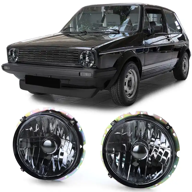 Vezi acum Faruri din sticlă clare cu fum negru H4, pereche, potrivite pentru VW Golf 1 + Cabrio 74-83