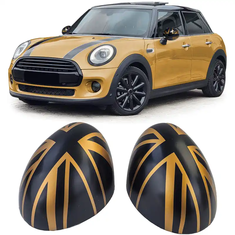 Reducere de preț Capace oglinzi Union Jack negru auriu potrivite pentru Mini F54 F55 F56 F57 13-18