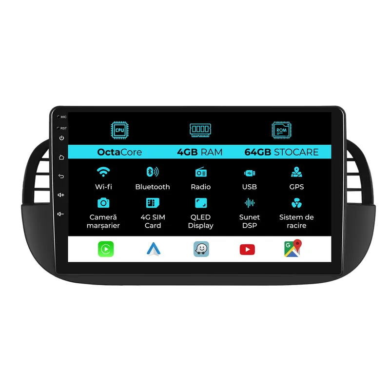 Navigatie Android Dedicata Fiat 500 (2007 – 2015), 9Inch, 4Gb Ram, 64Gb Stocare, Carplay Cumpără acum
