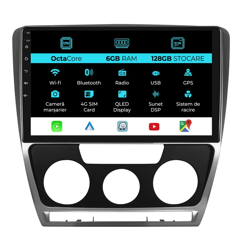 Ultima șansă Navigatie Dedicata Skoda Octavia 2 (2004 – 2013), 10Inch, 6Gb Ram, 128Gb Stocare, Bluetooth, WiFi, Carplay
