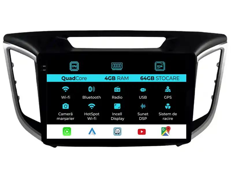 Cel mai bun preț Navigatie Dedicata Hyundai IX25 (2015-2019),QuadCore, 10Inch, 4Gb Ram, 64Gb Stocare, Carplay