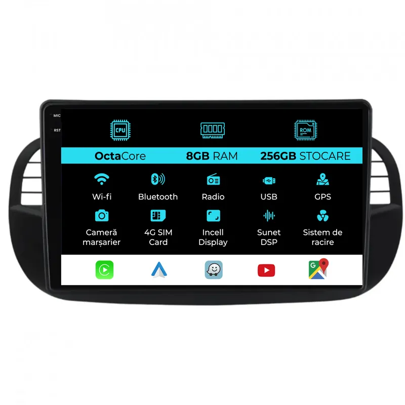 Vezi acum Navigatie Dedicata Fiat 500 (2007-2015), 9Inch, 8Gb Ram, 256Gb Stocare, Carplay
