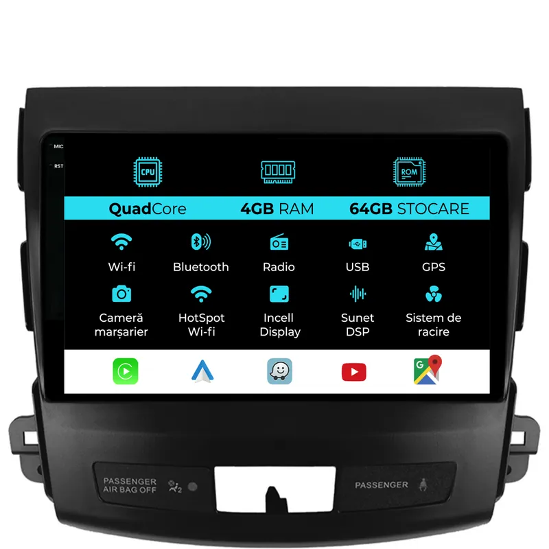 Retur gratuit Navigatie Dedicata Mitsubishi Outlander (2005-2011),QuadCore, 9Inch, 4Gb Ram, 64Gb Stocare, Carplay
