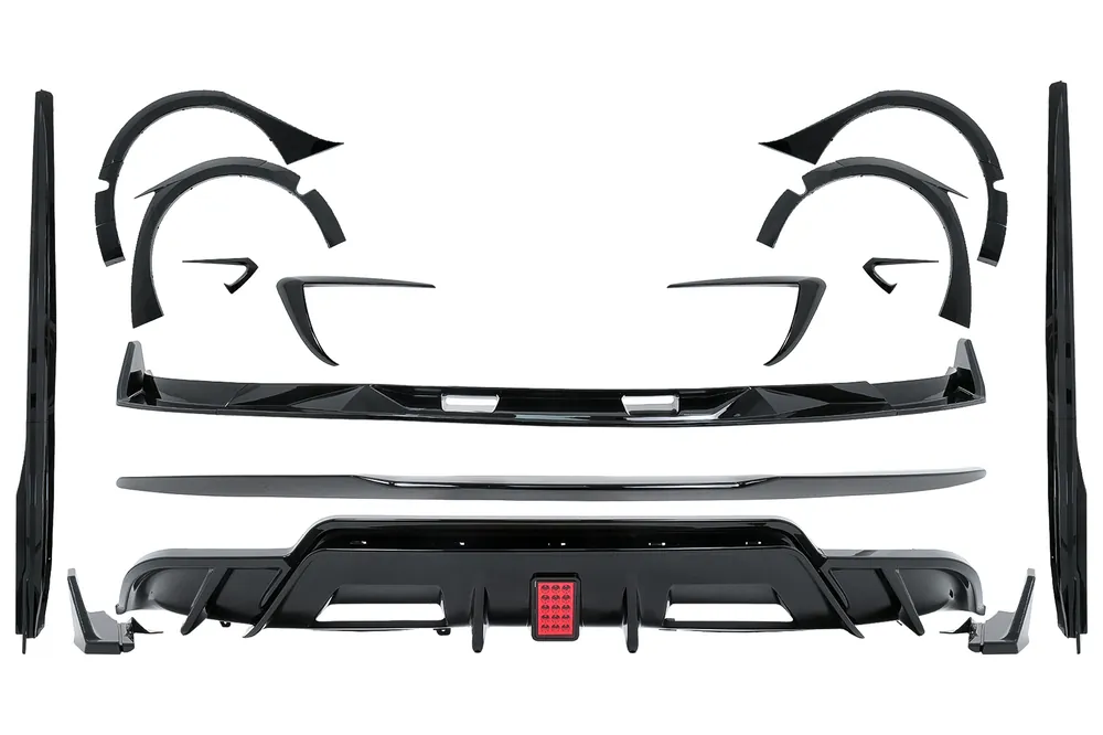 Pachet Exterior Complet de Extensii compatibil cu Tesla Model 3 (2017-2022) Prelungire Bara Fata cu Difuzor de aer si Eleron Negru Lucios Popular
