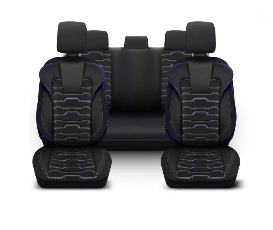 Set huse pentru scaune auto SPORTLINE Design fata-spate piele ecologica cu textil negru cu albastru Lichidare de stoc