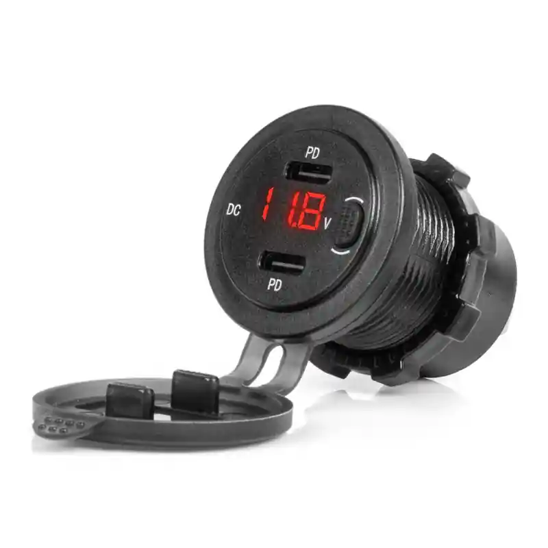 Incarcator Auto Incastrabil 12/24V, 2x USB-C, Voltmetru, LED Rosu, Impermeabil Plată sigură