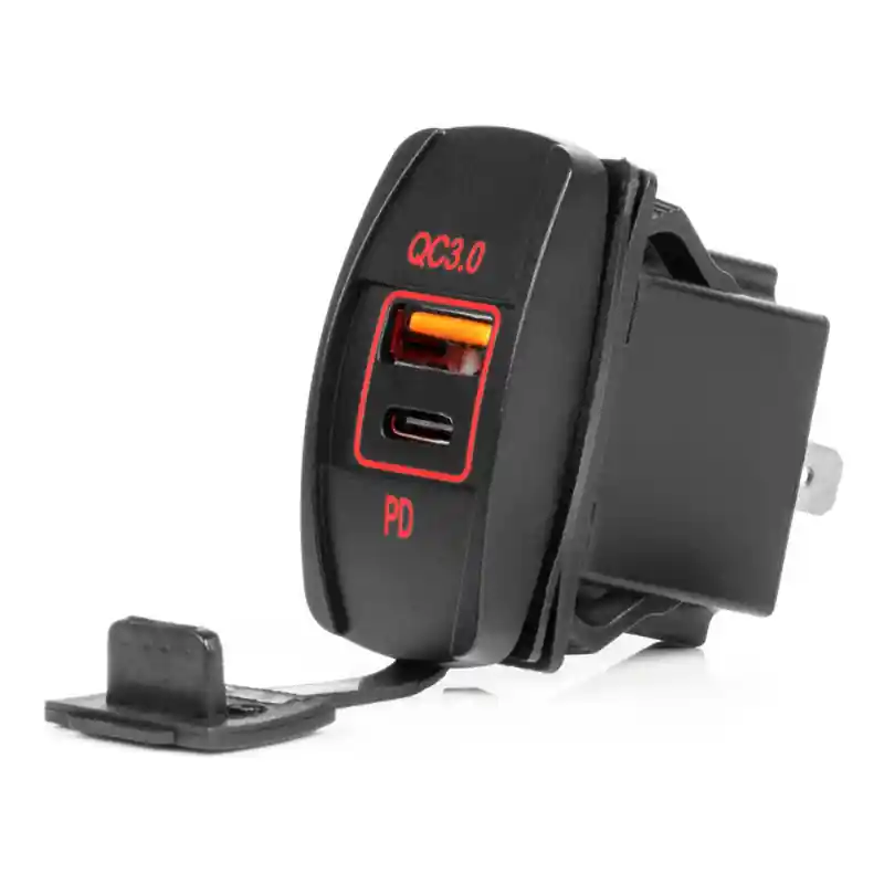 Priza USB + USB-C QC3.0 Incastrabila Auto/Barca, Impermeabila, LED Rosu, 12V/24V Premium