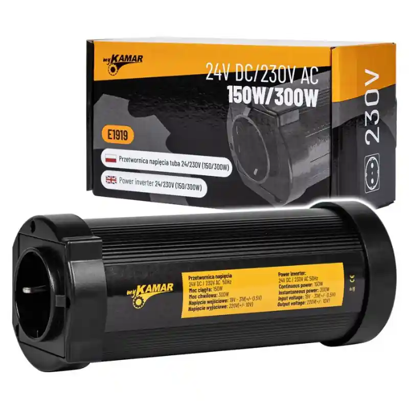 Cel mai vândut Convertor Tensiune Tip Tub, Invertor 24V DC la 230V AC, Putere 150W-300W, Priza Schuko, 2 Porturi USB 2.4A