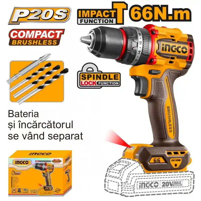 Cumpărături sigure Bormasina cu percutie, motor fara perii, 20V, 66Nm, Mandrina Metalica 13mm