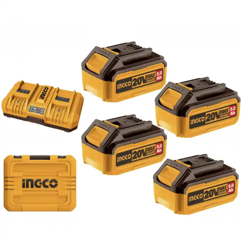 Ofertă specială Set Acumulatori Li-Ion, 20V, 5.0Ah x 4 buc, Incarcator Dublu 8A, Geanta Transport