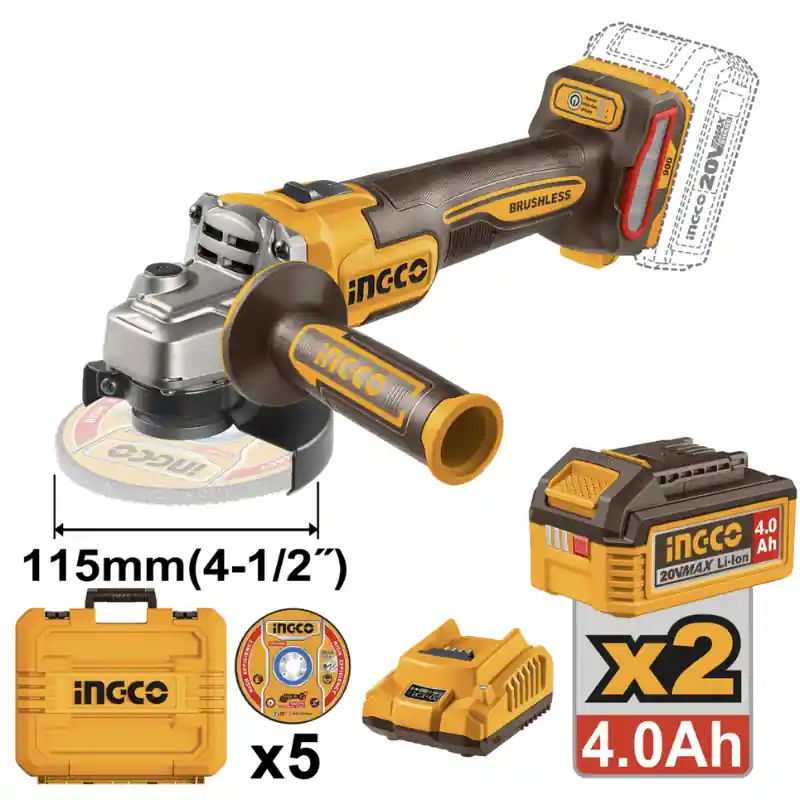 Flex unghiular, 20V 11.5cm brushless, 900W 3 viteze, cu 2 acumulatori 4.0Ah Calitate înaltă