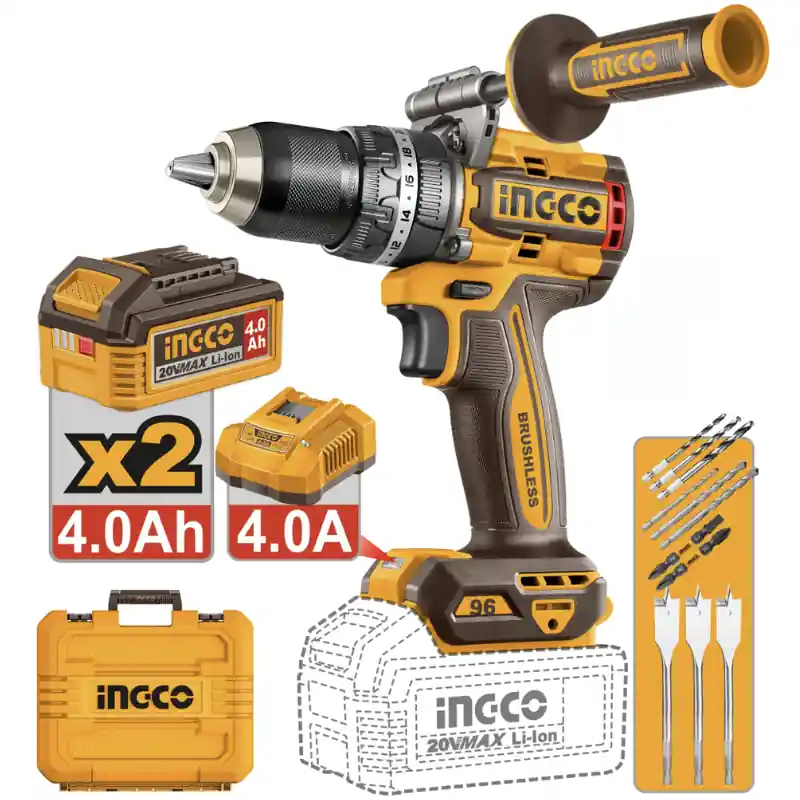 Bormasina cu impact, 20V 96 Nm brushless, cu 2 acumulatori 4.0Ah si accesorii complete Discount